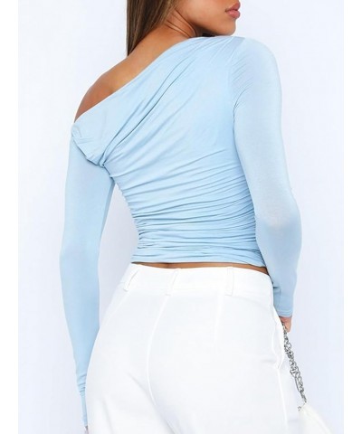 Women One Off Shoulder Solid Casual Long Sleeve Crop Top Slim Fit Ruched T-Shirt Sexy Going Out Tee Shirt Yy-lightblue $17.10...