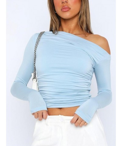 Women One Off Shoulder Solid Casual Long Sleeve Crop Top Slim Fit Ruched T-Shirt Sexy Going Out Tee Shirt Yy-lightblue $17.10...