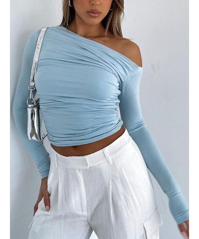 Women One Off Shoulder Solid Casual Long Sleeve Crop Top Slim Fit Ruched T-Shirt Sexy Going Out Tee Shirt Yy-lightblue $17.10...