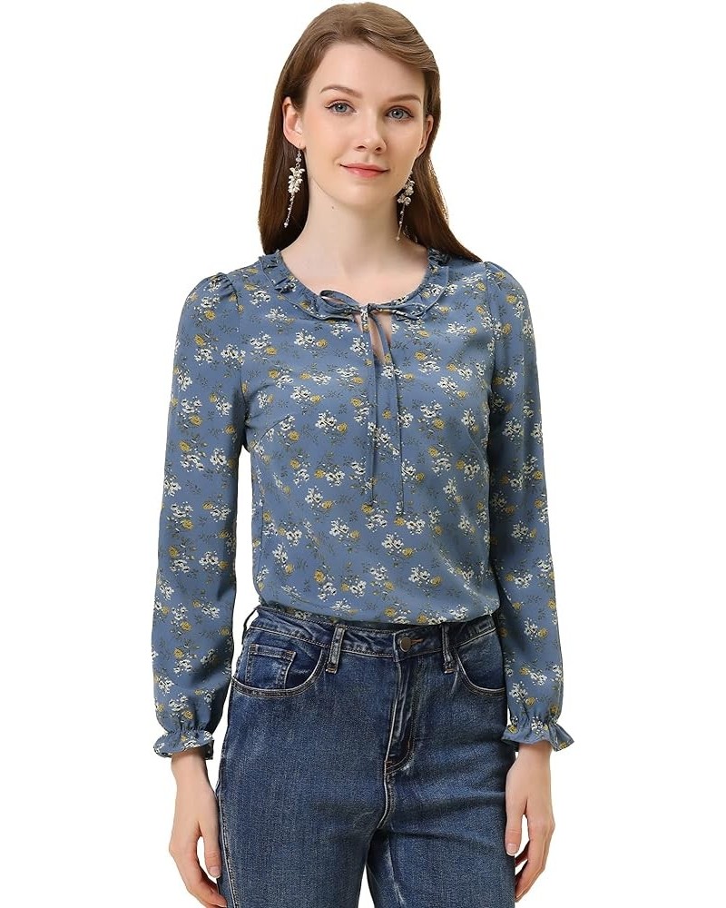 Women's Ruffed Neck Long Sleeve Tie Neck Keyhole Front Chiffon Floral Blouse Dusty Blue $10.50 Blouses