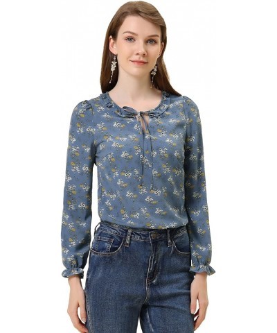 Women's Ruffed Neck Long Sleeve Tie Neck Keyhole Front Chiffon Floral Blouse Dusty Blue $10.50 Blouses