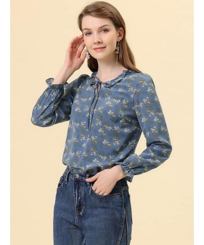 Women's Ruffed Neck Long Sleeve Tie Neck Keyhole Front Chiffon Floral Blouse Dusty Blue $10.50 Blouses