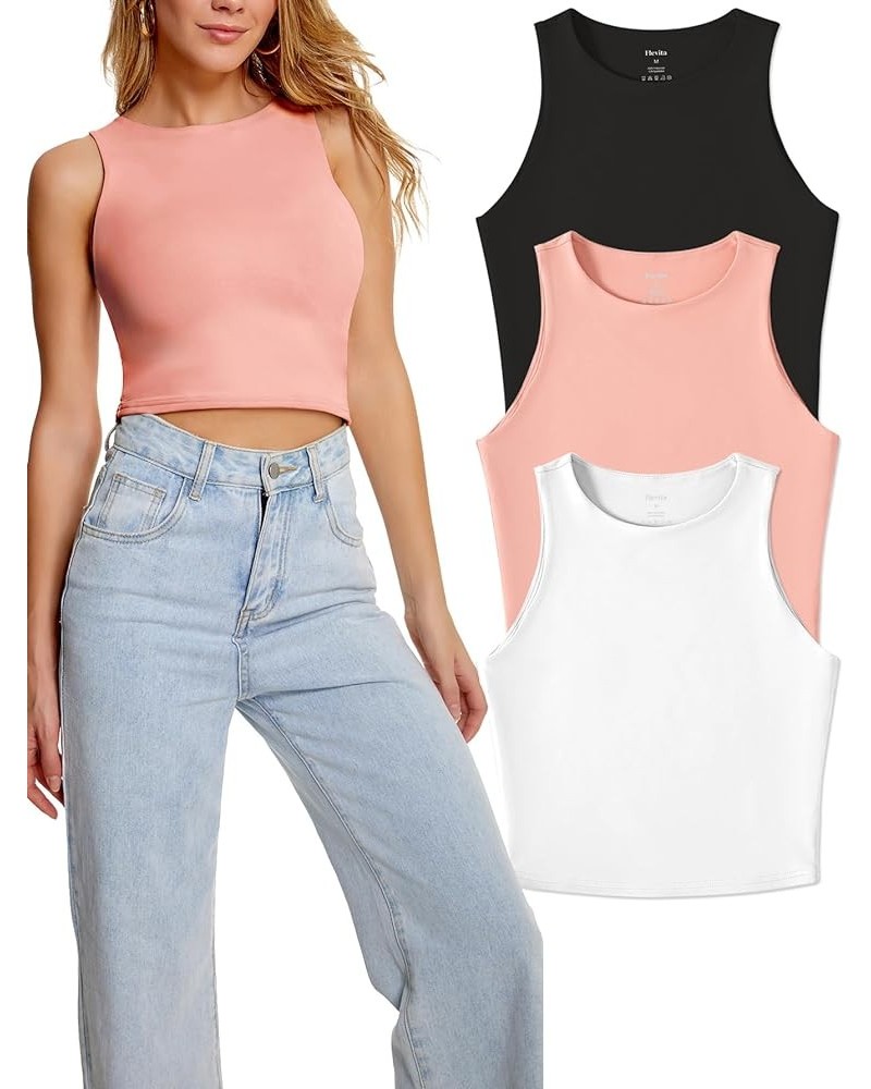 Women's Crop 3-Pack Tops Sleeveless Racerback Halter Cropped Shirts Sexy Basic Tank Tops Black+pink+white $22.13 Tanks