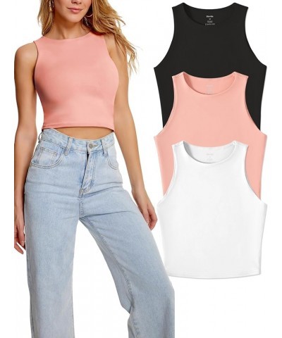 Women's Crop 3-Pack Tops Sleeveless Racerback Halter Cropped Shirts Sexy Basic Tank Tops Black+pink+white $22.13 Tanks