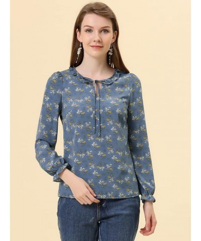 Women's Ruffed Neck Long Sleeve Tie Neck Keyhole Front Chiffon Floral Blouse Dusty Blue $10.50 Blouses