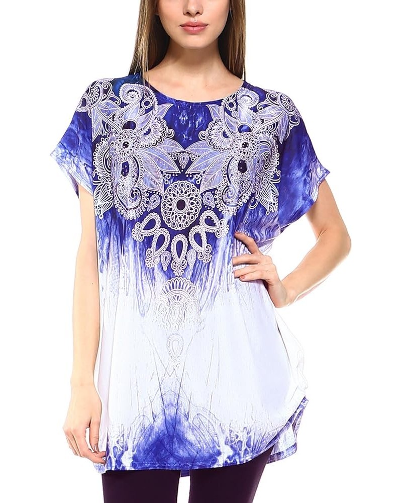 Women's Casual Summer Short Sleeve Print Tunic Loose fit Top Pt05-purple $10.39 Tops