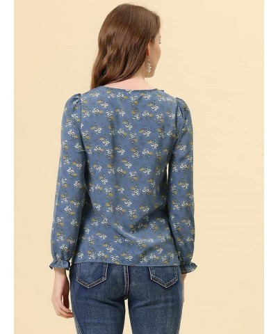 Women's Ruffed Neck Long Sleeve Tie Neck Keyhole Front Chiffon Floral Blouse Dusty Blue $10.50 Blouses