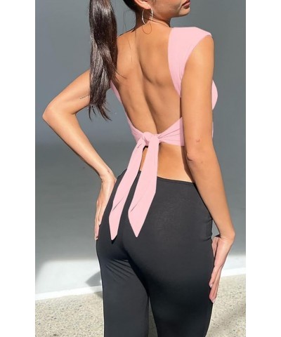 Sexy Open Back Tops for Women 2023 Y2K Summer Cute Casual Fashion Slim Fitted T Shirt Basic Tee 01 Pink $10.32 T-Shirts