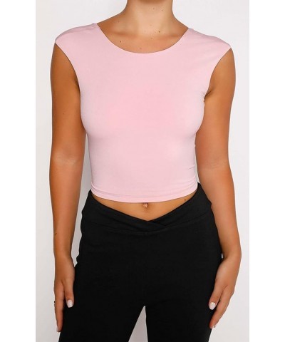 Sexy Open Back Tops for Women 2023 Y2K Summer Cute Casual Fashion Slim Fitted T Shirt Basic Tee 01 Pink $10.32 T-Shirts