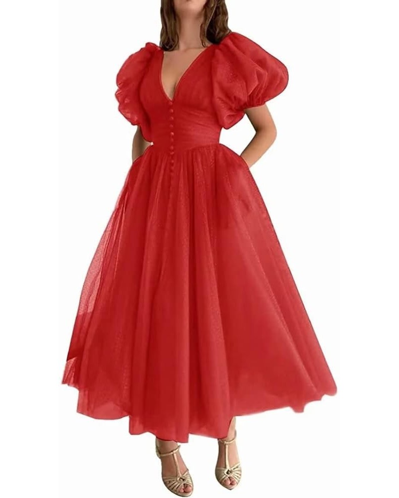 Woman's Tea Length Prom Dress 2023 Teens Tulle Puffy Sleeves Homecoming Dresses Formal Evening Party Gowns Red $43.70 Dresses