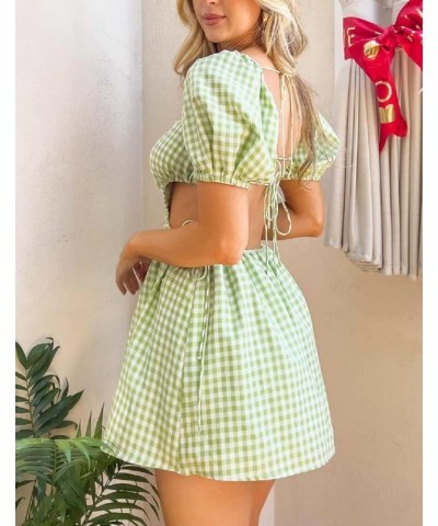 Women Y2K Puff Sleeve Mini Dress Low Cut A-line Short Dress Square Neck Backless Princess Dress Party Clubwear X-green&white ...