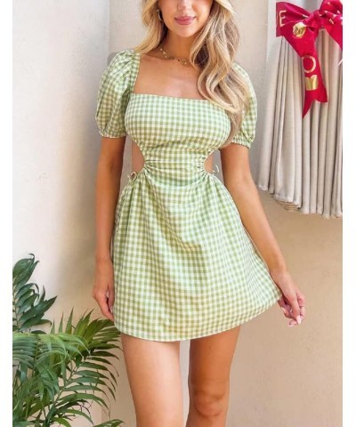 Women Y2K Puff Sleeve Mini Dress Low Cut A-line Short Dress Square Neck Backless Princess Dress Party Clubwear X-green&white ...