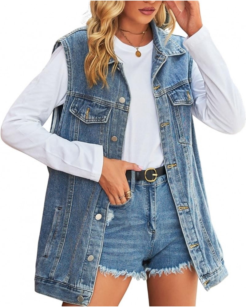 Women’s Vintage Denim Jean Vest Oversized Button Down Jean Waistcoat Gilet 01 Blue $20.09 Vests