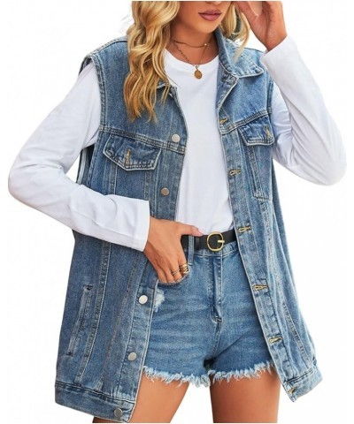 Women’s Vintage Denim Jean Vest Oversized Button Down Jean Waistcoat Gilet 01 Blue $20.09 Vests