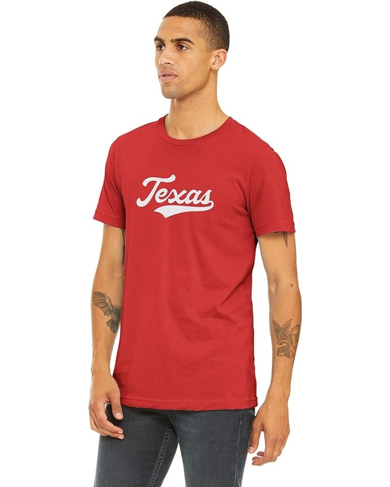 Adult Unisex Tshirt USA States Cities Script with Vertical on The Back Red Shirt White Texas $8.60 T-Shirts