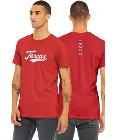 Adult Unisex Tshirt USA States Cities Script with Vertical on The Back Red Shirt White Texas $8.60 T-Shirts