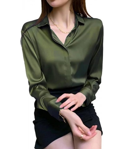 Women's Satin Blouse Fashion Long Sleeve Satin Silk Shirt Work Office Top Casual Shirt Army Green $15.57 Blouses