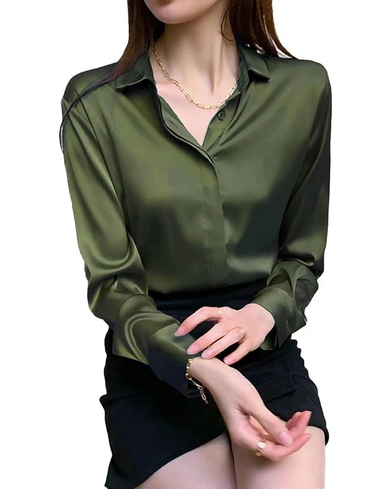 Women's Satin Blouse Fashion Long Sleeve Satin Silk Shirt Work Office Top Casual Shirt Army Green $15.57 Blouses