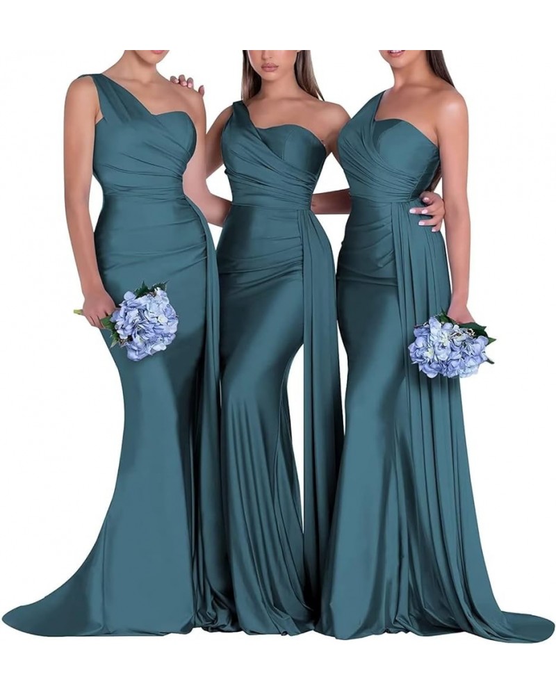 One Shoulder Bridesmaid Dresses for Wedding Satin Mermaid Long Prom Dress with Train Peacock $28.55 Dresses