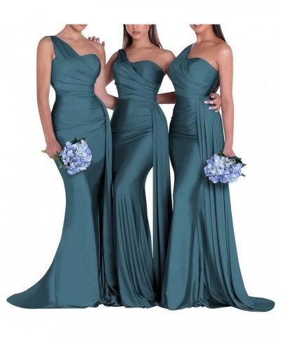 One Shoulder Bridesmaid Dresses for Wedding Satin Mermaid Long Prom Dress with Train Peacock $28.55 Dresses