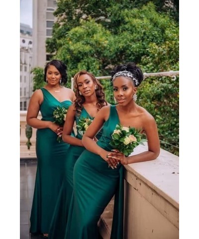 One Shoulder Bridesmaid Dresses for Wedding Satin Mermaid Long Prom Dress with Train Peacock $28.55 Dresses