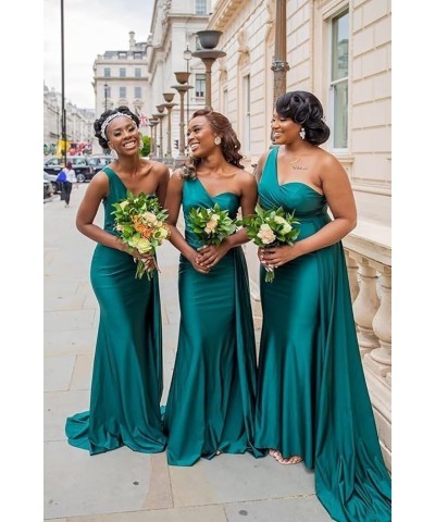 One Shoulder Bridesmaid Dresses for Wedding Satin Mermaid Long Prom Dress with Train Peacock $28.55 Dresses