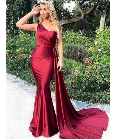 One Shoulder Bridesmaid Dresses for Wedding Satin Mermaid Long Prom Dress with Train Peacock $28.55 Dresses