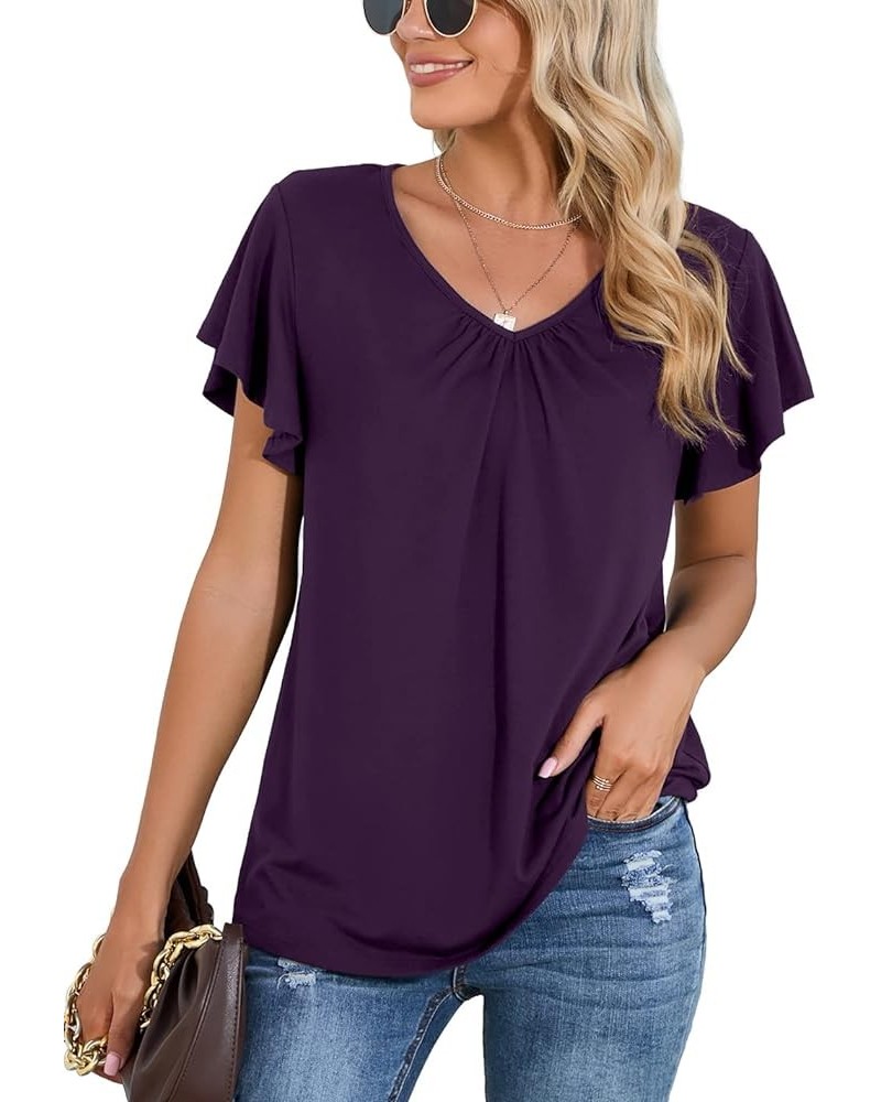 Women's Casual Shirred V-Neck Top Ruffle Short Sleeve Shirts Basic Pleated Top A-09 Dark Purple $13.72 Tops