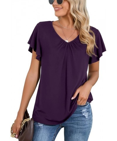 Women's Casual Shirred V-Neck Top Ruffle Short Sleeve Shirts Basic Pleated Top A-09 Dark Purple $13.72 Tops