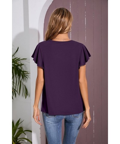 Women's Casual Shirred V-Neck Top Ruffle Short Sleeve Shirts Basic Pleated Top A-09 Dark Purple $13.72 Tops