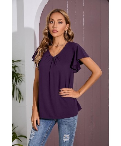 Women's Casual Shirred V-Neck Top Ruffle Short Sleeve Shirts Basic Pleated Top A-09 Dark Purple $13.72 Tops