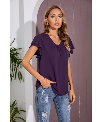 Women's Casual Shirred V-Neck Top Ruffle Short Sleeve Shirts Basic Pleated Top A-09 Dark Purple $13.72 Tops