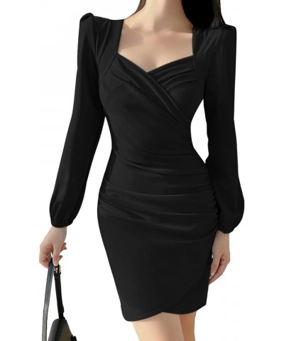 Women's Wrap Sweetheart Neck Lantern Long Sleeve Ruched Bodycon Mini Dress Black $19.80 Dresses