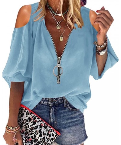 Womens V-Neck Lantern Sleeve Blouse Zipper Design Loose Casual Top Shirts Z-blue $15.67 Blouses