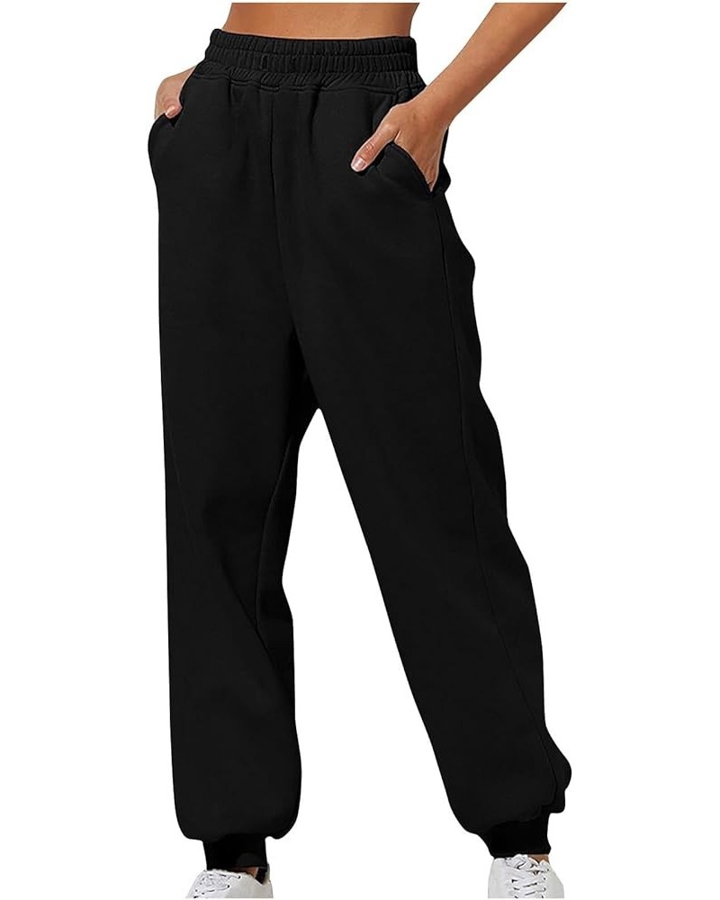 Womens High Waisted Sweatpants with Pockets 2024 Fall Y2k Jogger Pants Baggy Lounge Trousers Cinch Bottom Sweatpants A03-blac...