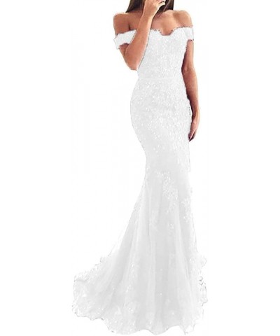 Women's Lace Mermaid Evening Prom Dresses Long Off Shoulder Appliqued Formal Gown PM39 White $40.00 Dresses