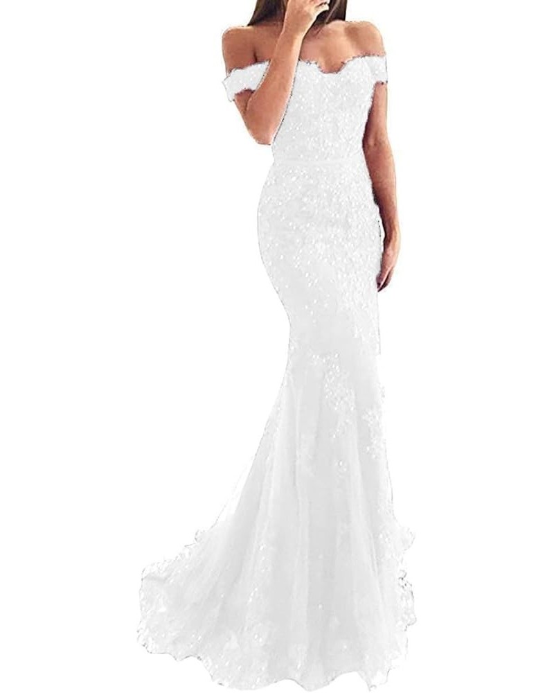 Women's Lace Mermaid Evening Prom Dresses Long Off Shoulder Appliqued Formal Gown PM39 White $40.00 Dresses