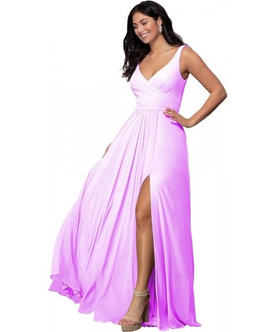 Women's V Neck Chiffon Bridesmaid Dresses for Women with Slit A Line Long Formal Evening Gown Lilac $25.85 Dresses