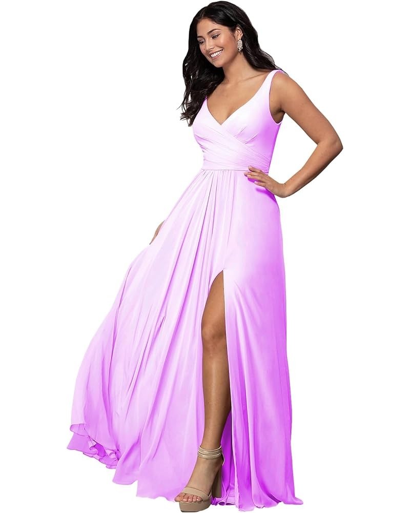 Women's V Neck Chiffon Bridesmaid Dresses for Women with Slit A Line Long Formal Evening Gown Lilac $25.85 Dresses