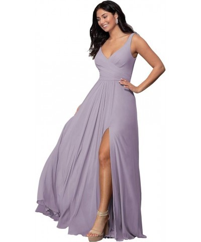 Women's V Neck Chiffon Bridesmaid Dresses for Women with Slit A Line Long Formal Evening Gown Lilac $25.85 Dresses