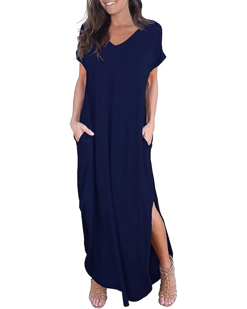 Women's Summer Casual Maxi Dresses Beach Cover Up Loose Empire Waist Long Dresses with Pocket V Neck 11navy Blue $19.74 Swims...