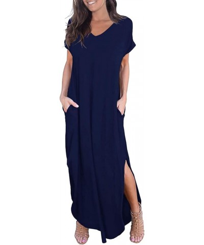 Women's Summer Casual Maxi Dresses Beach Cover Up Loose Empire Waist Long Dresses with Pocket V Neck 11navy Blue $19.74 Swims...