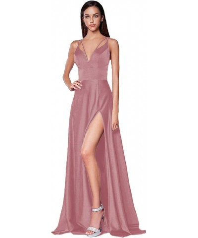 Long Prom Dresses for Women Split Spaghetti Strap Satin A Line Formal Wedding Evening Dress Cameo Brown $31.46 Dresses