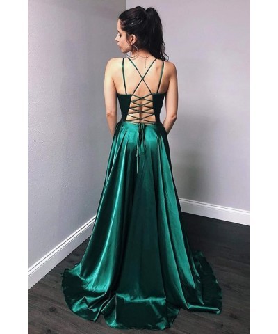 Long Prom Dresses for Women Split Spaghetti Strap Satin A Line Formal Wedding Evening Dress Cameo Brown $31.46 Dresses