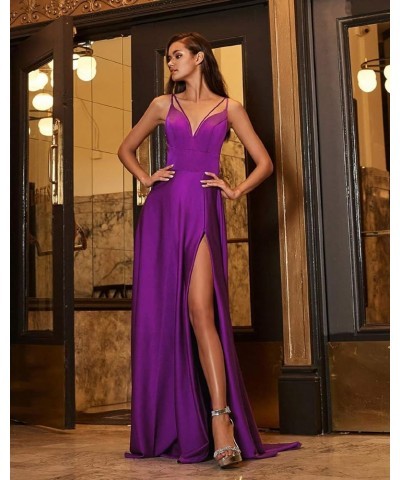 Long Prom Dresses for Women Split Spaghetti Strap Satin A Line Formal Wedding Evening Dress Cameo Brown $31.46 Dresses