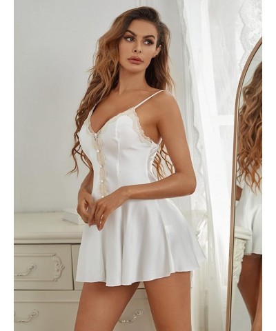 Women's Spaghetti Strap Lace Trim Button Satin Slip Dress Sleepwear Nightgowns White $10.59 Sleep & Lounge