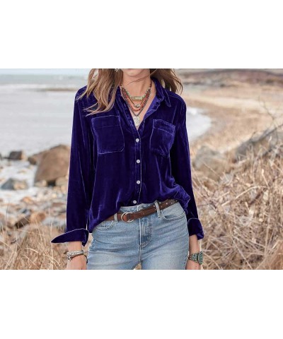 Womens Winter Velvet Long Sleeve Button Down Casual Tops Shirts Navyblue 2 $15.12 Blouses