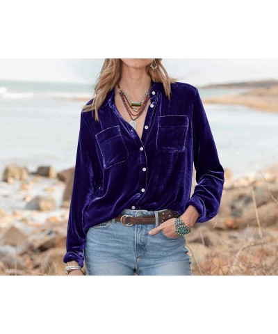 Womens Winter Velvet Long Sleeve Button Down Casual Tops Shirts Navyblue 2 $15.12 Blouses