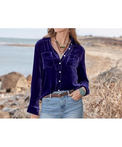 Womens Winter Velvet Long Sleeve Button Down Casual Tops Shirts Navyblue 2 $15.12 Blouses