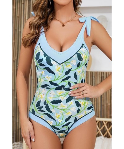 One Piece Swimsuit Tummy Control 1 Piece Swimsuit Sexy Bathing Suit One Piece for Women Light Blue Print $21.76 Swimsuits